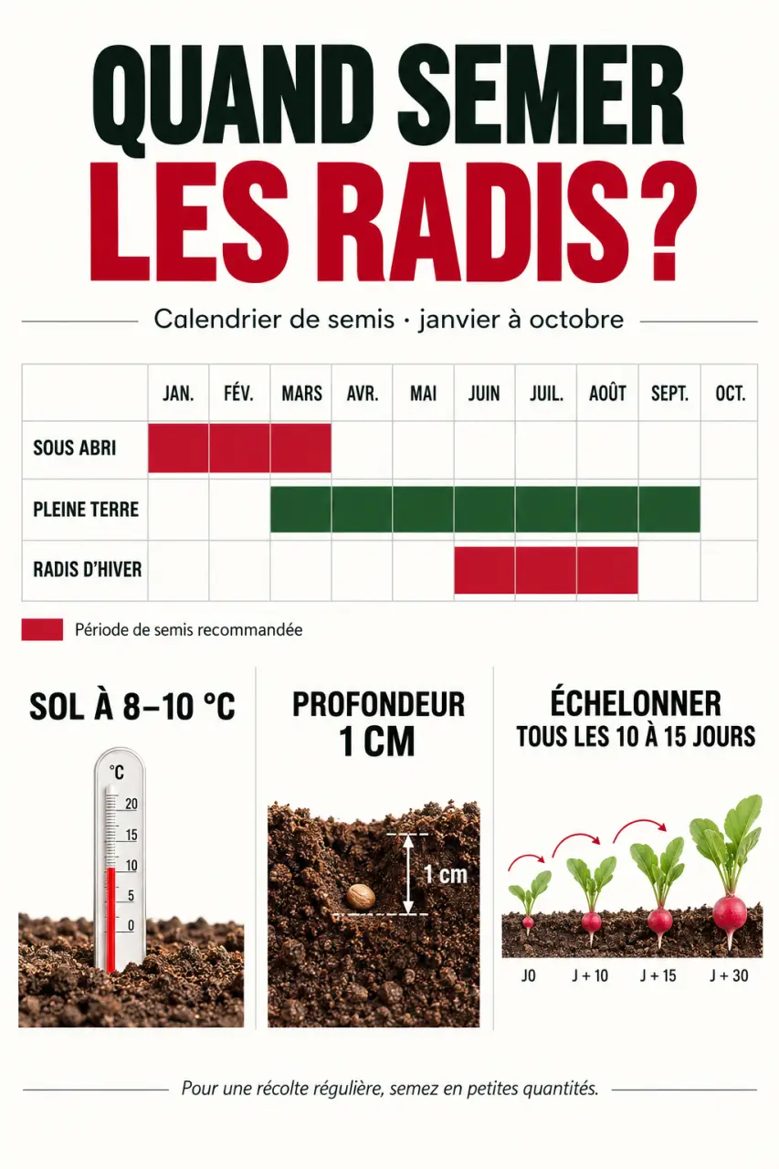 Infographie indiquant quand semer les radis selon les mois, la région et le mode de culture