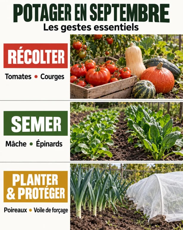 Infographie du potager en septembre avec récoltes, semis d’automne et protections contre le froid