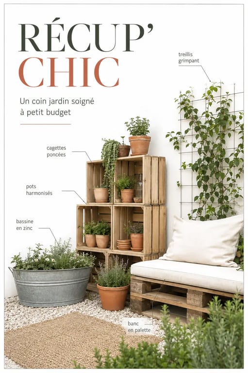 Idée déco jardin extérieur pas cher : coin récup’ chic avec cagettes, pots harmonisés et palette transformée