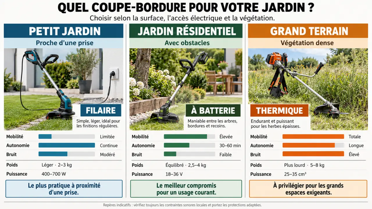 Infographie pour choisir le meilleur coupe-bordure selon la taille du jardin et le type d'alimentation