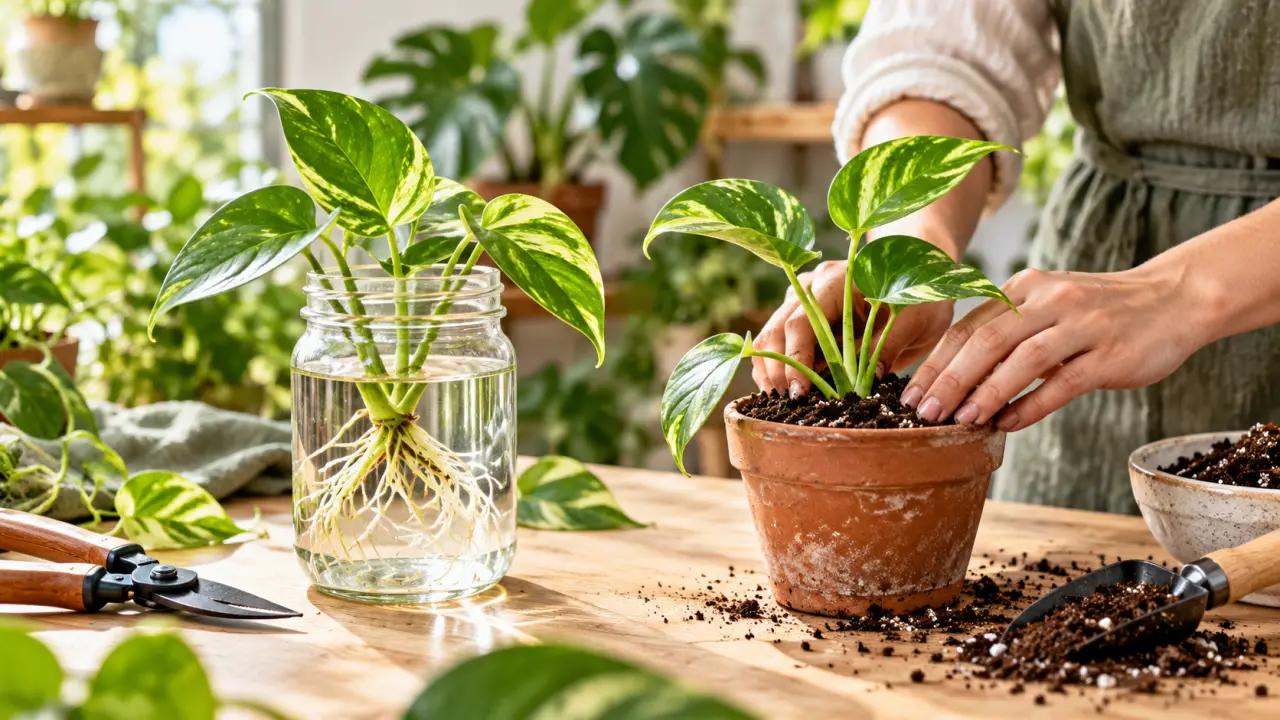Jeune bouture de plante installée dans un verre d’eau et dans un pot de terre