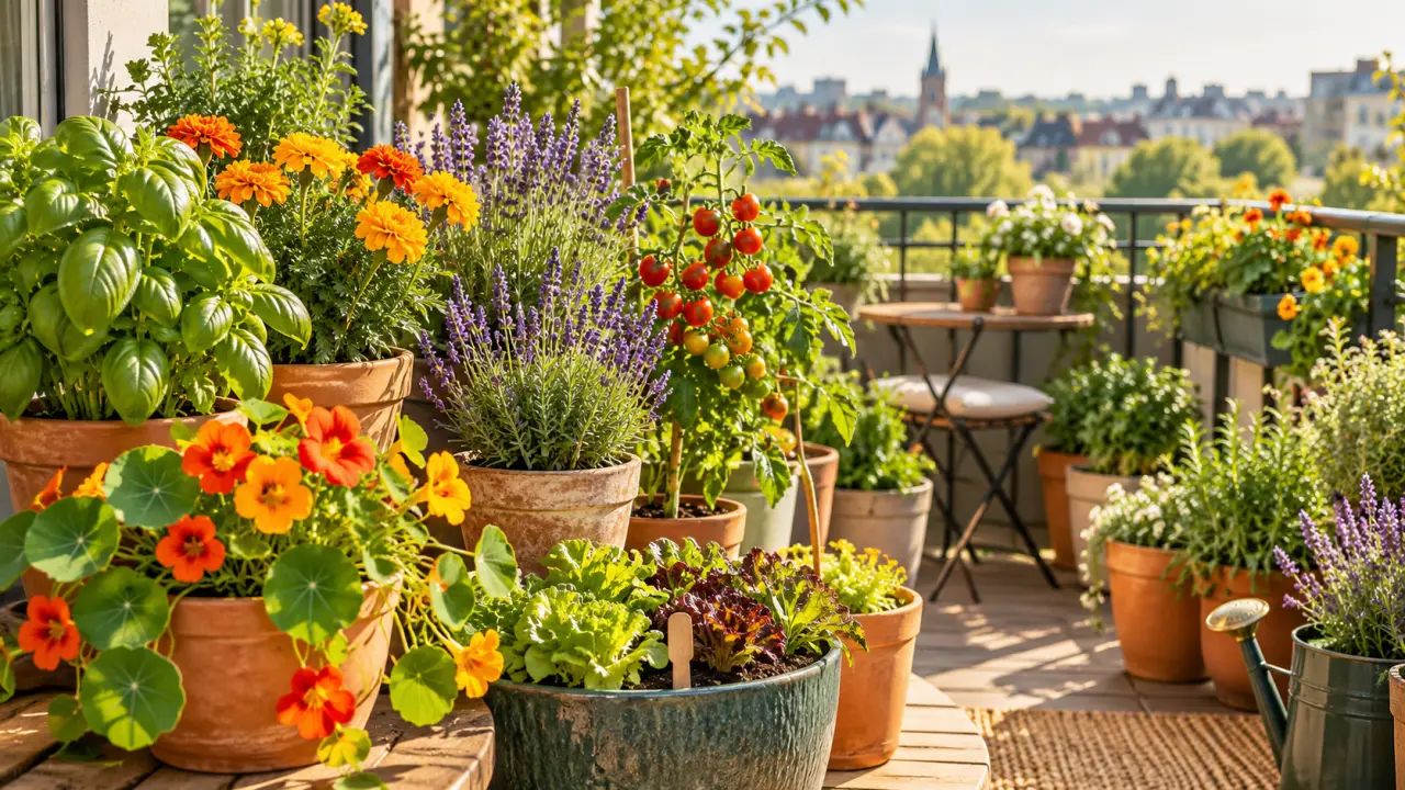 Balcon urbain lumineux avec des plantes compagnes dans des pots en terre cuite