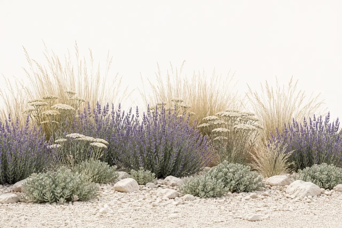 Créer un massif sans entretien avec lavandes, sedums, graminées et paillage minéral dans un jardin sec