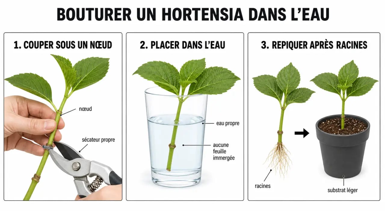 Bouturage hortensias dans l’eau : étapes visuelles du prélèvement, des racines et du repiquage