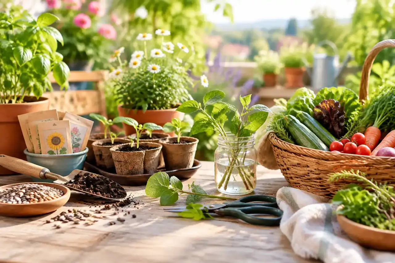 Table de jardinage avec semis, boutures et récoltes au fil des saisons