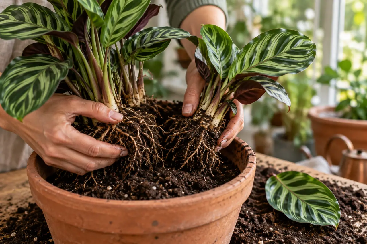 Le Calathea se multiplie par division, pas avec une feuille seule