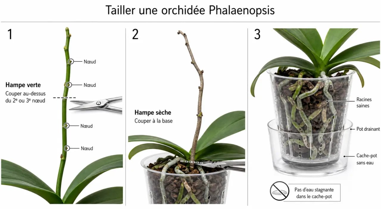 Comment faire refleurir une orchidée : schéma des coupes et des racines à surveiller