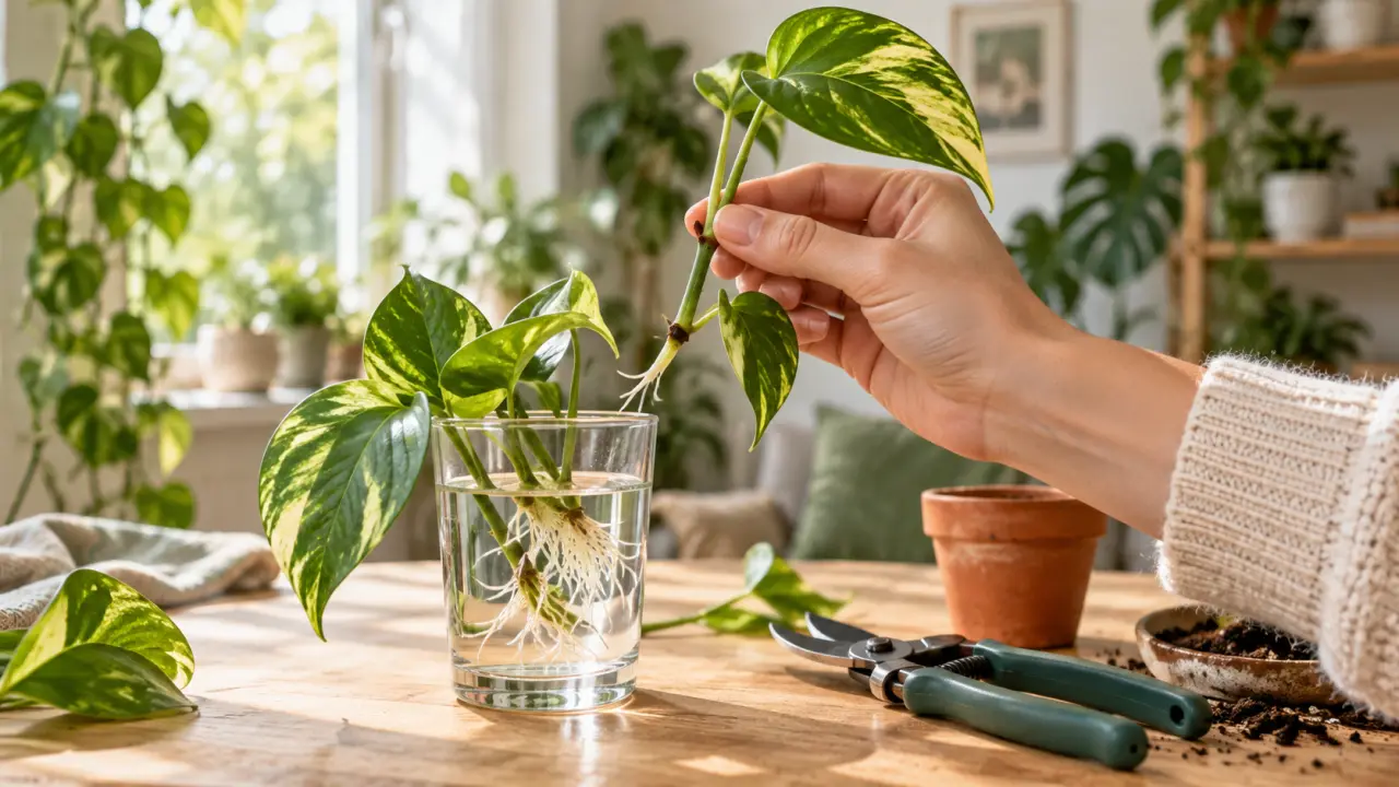 Bouture de pothos dans un petit verre d’eau près d’une plante mère