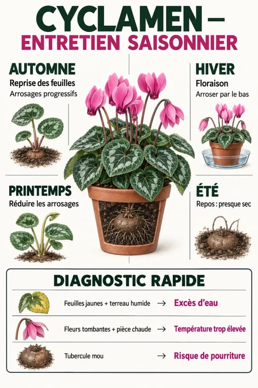 Infographie d'entretien cyclamen selon les saisons et les symptômes