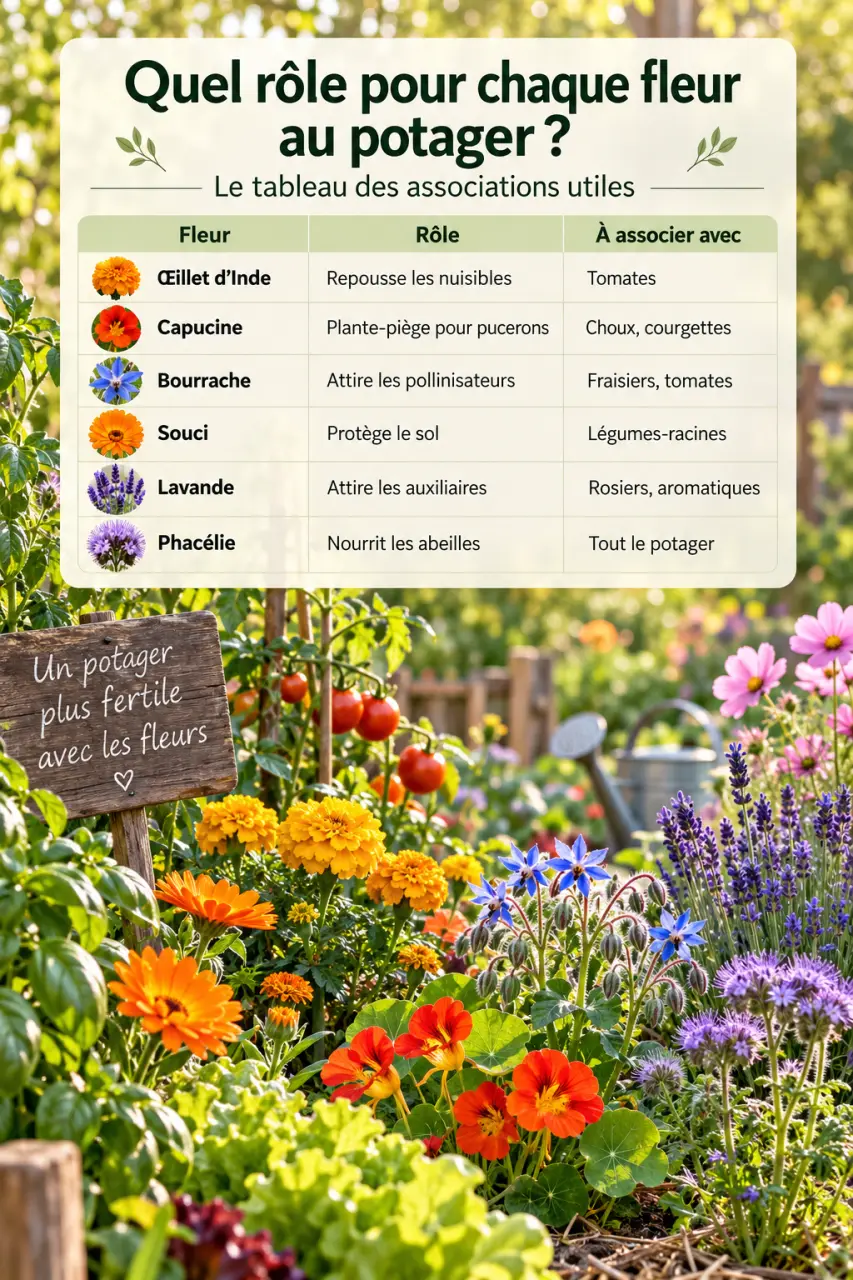 Quel rôle pour chaque fleur au potager ? Le tableau des associations utiles