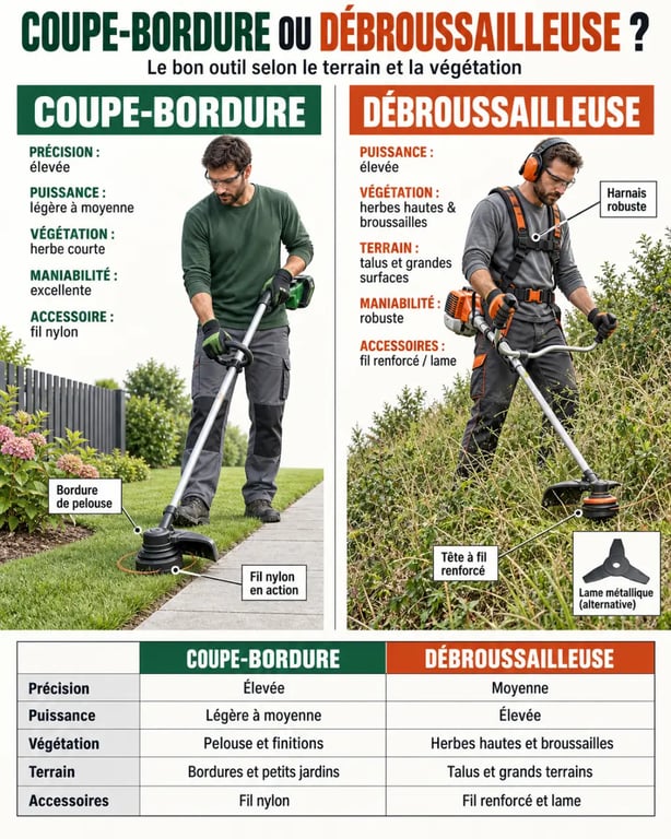Différence coupe-bordure et débroussailleuse selon les usages, la végétation et la puissance
