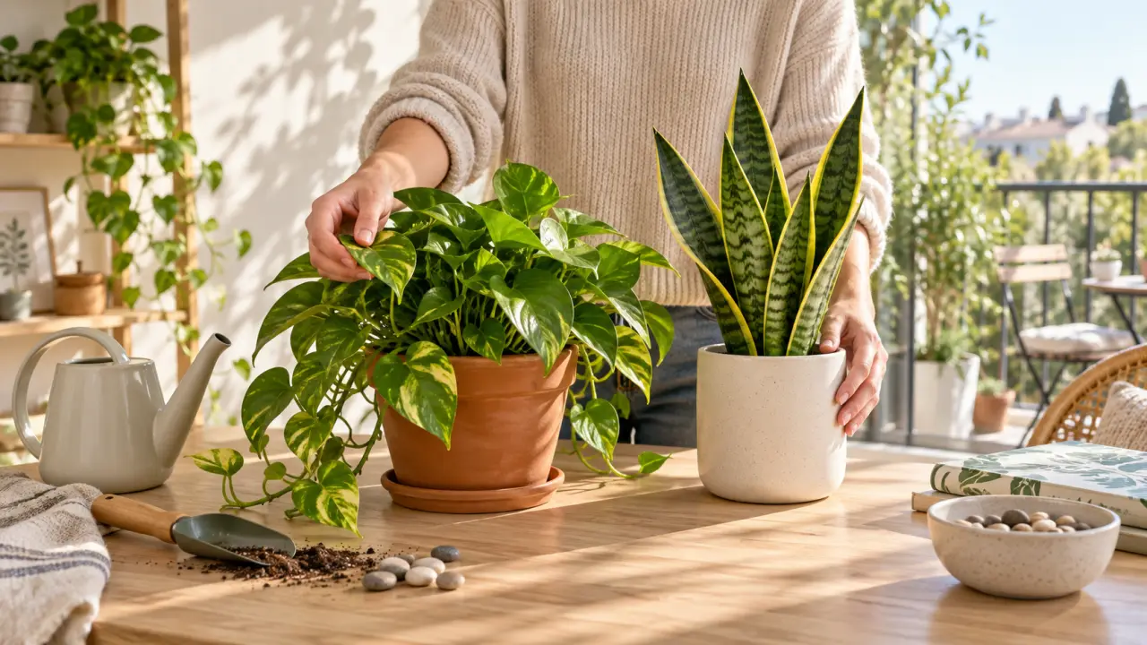 Première plante d’intérieur installée dans un pot en terre cuite près d’une fenêtre lumineuse