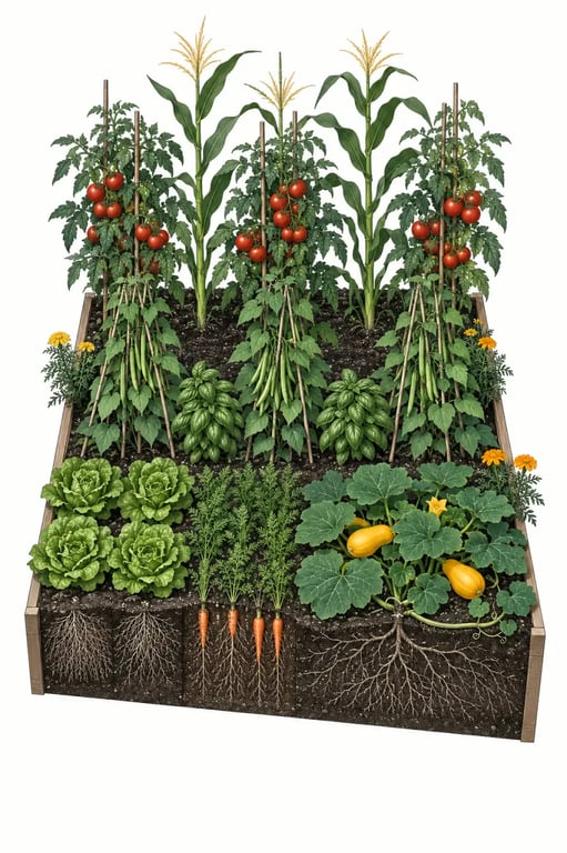 Tableau association légumes potager à imprimer illustré par une planche de culture organisée par niveaux