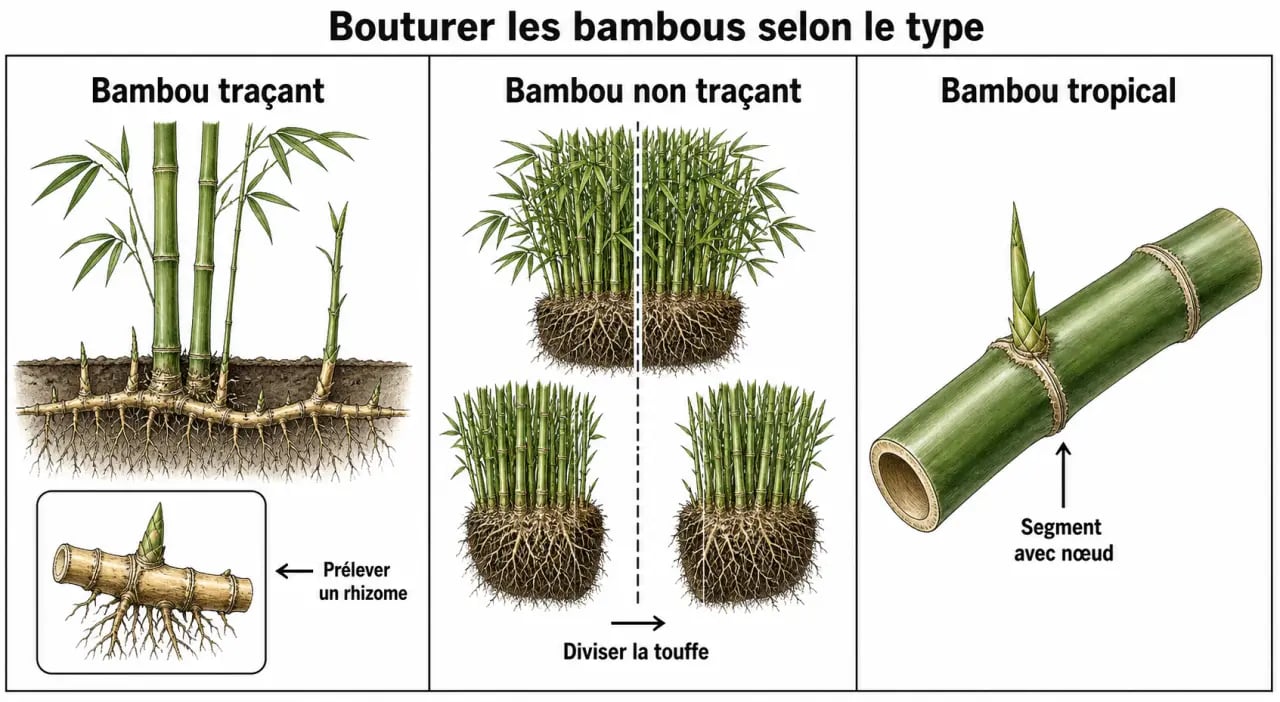Bouturer bambous : schéma des rhizomes, de la division de souche et de la bouture de tige selon le type de plante