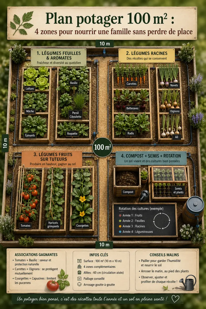 Plan potager 100 m² : 4 zones pour nourrir une famille sans perdre de place