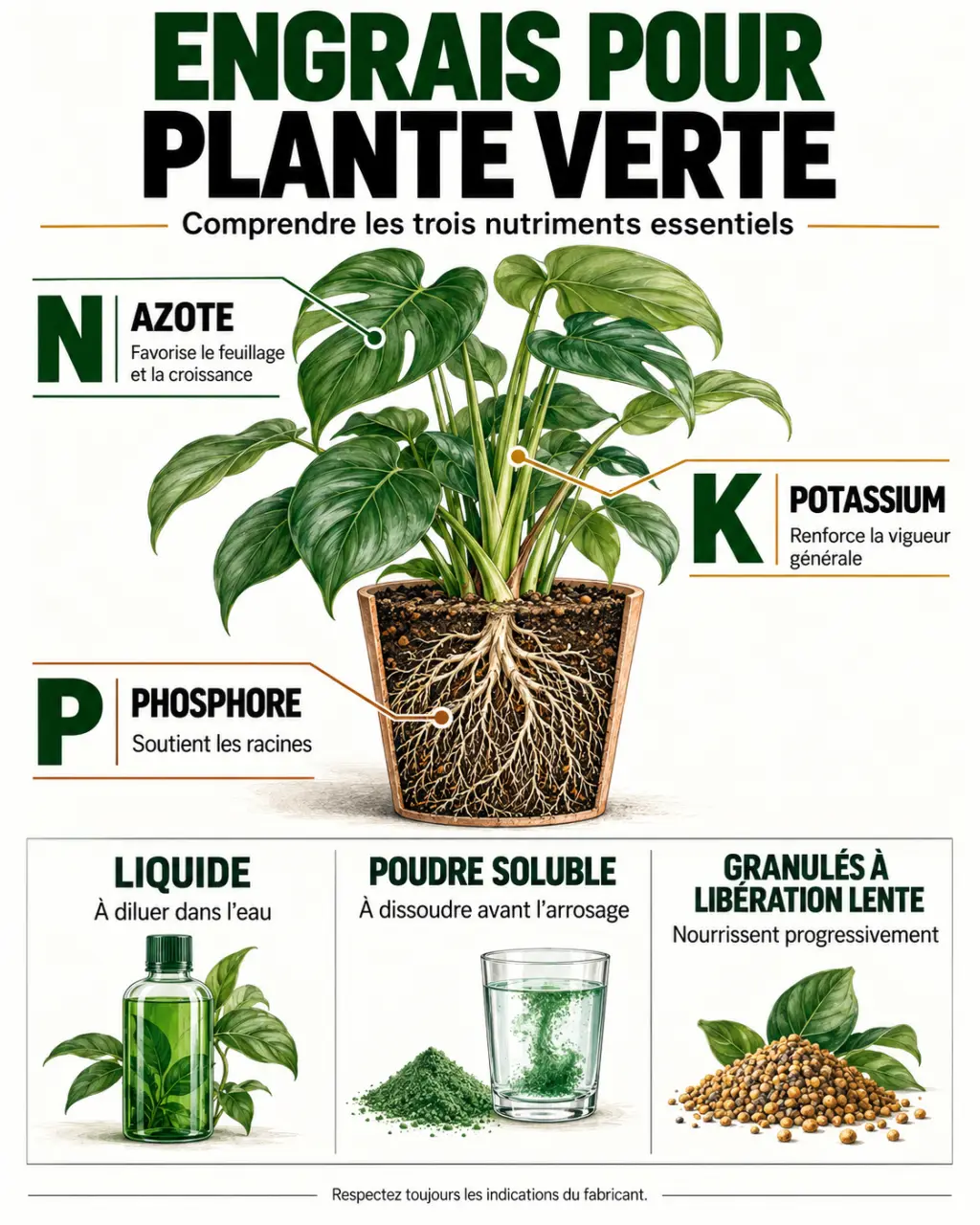 Infographie sur l’engrais plante verte et les rôles du NPK