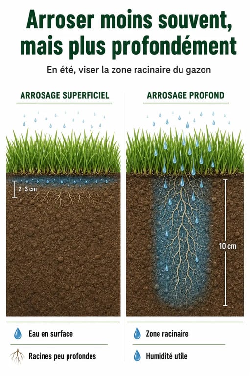 Arrosage gazon illustré en profondeur avec comparaison entre arrosage superficiel et arrosage profond