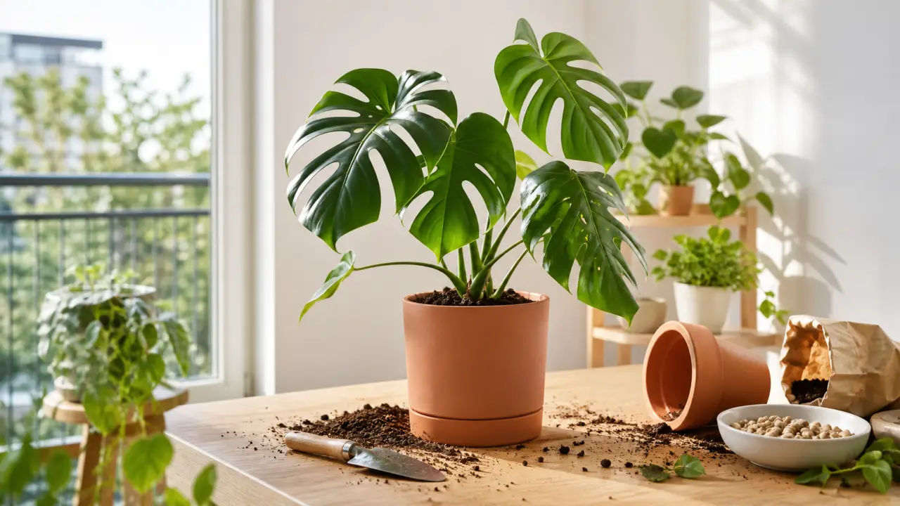 Rempotage délicat d'un monstera dans un pot en terre cuite, baigné de lumière naturelle