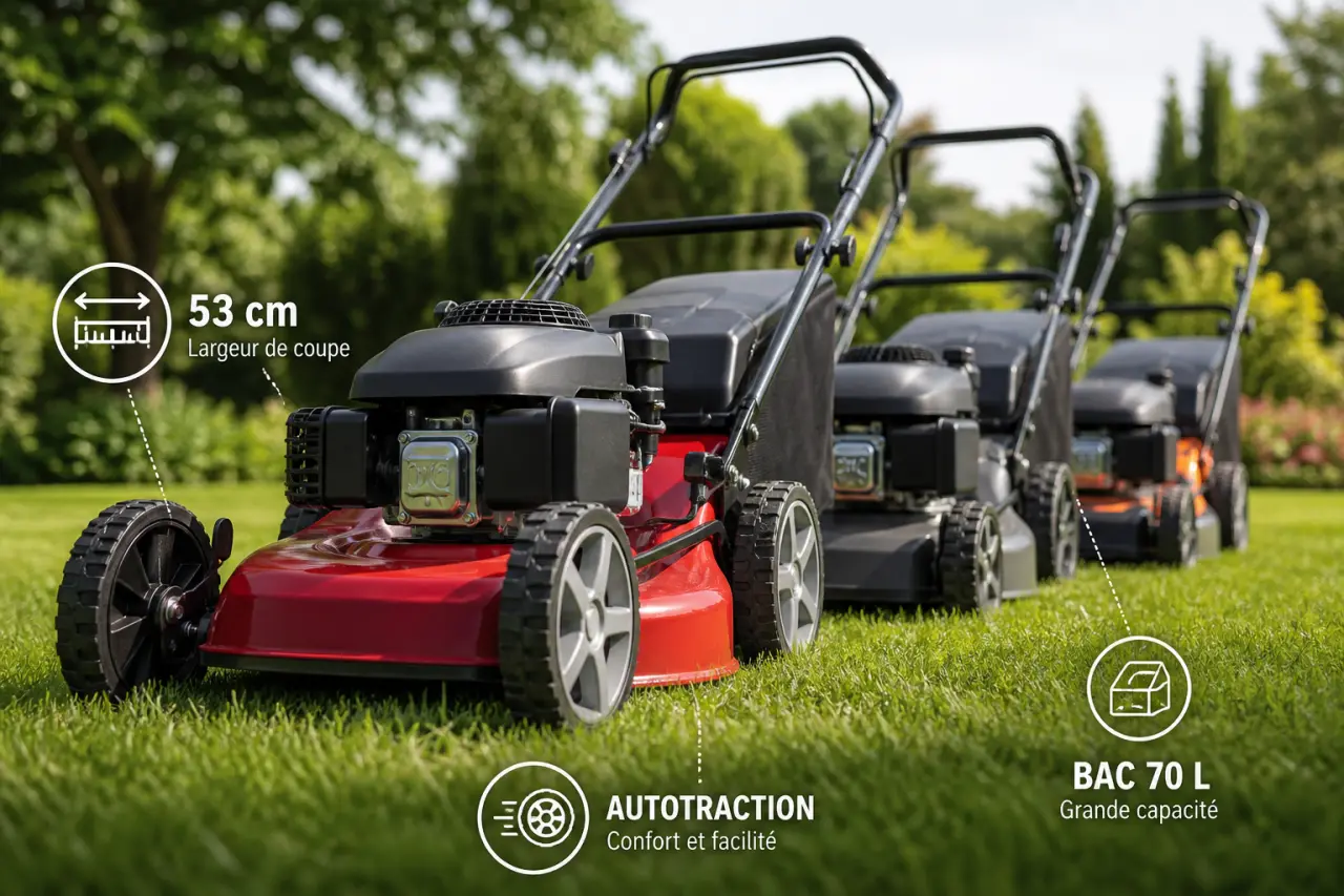 Tondeuses thermiques comparatif : 53 cm, autotraction et bac 70 L pour choisir sans surpayer