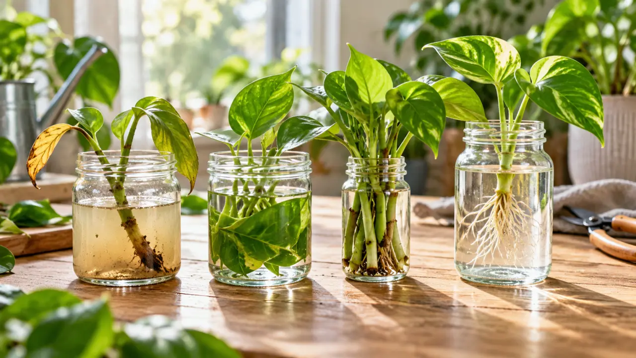 Bouture de plante verte développant des racines dans un verre d’eau