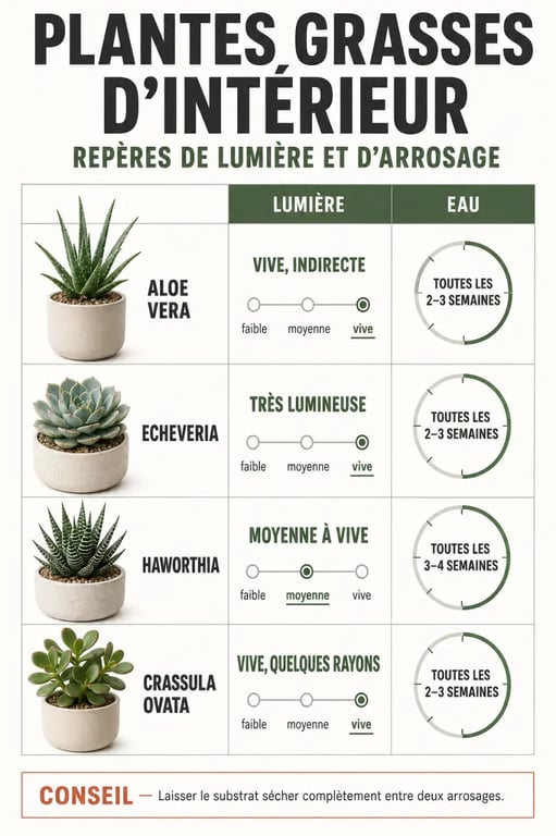 Infographie des besoins en lumière et arrosage pour plantes grasses intérieures