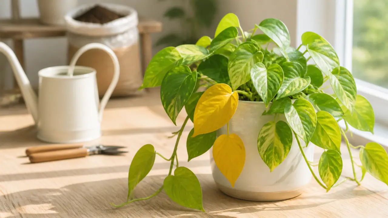 Pothos en pot avec quelques feuilles jaunissantes dans une ambiance lumineuse et naturelle