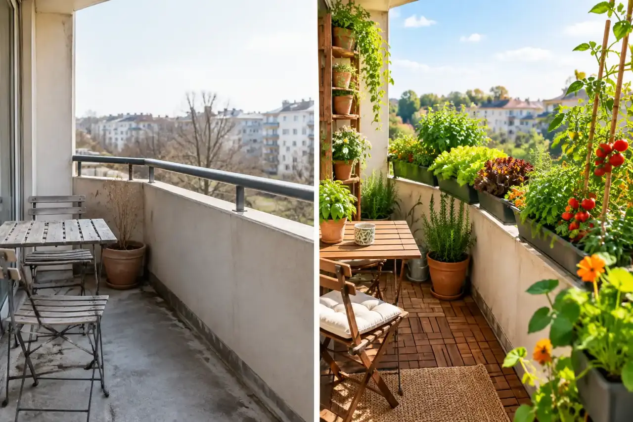 Balcon urbain transformé en potager vivant avec des plantes aromatiques et des légumes en pots