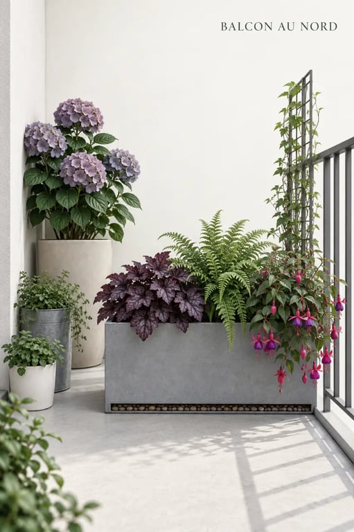 Composition décorative de plantes pour balcon nord avec feuillages et pots clairs