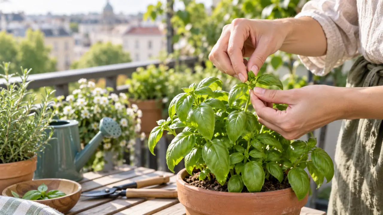 Jeune basilic en pot sur une table en bois baignée de lumière naturelle