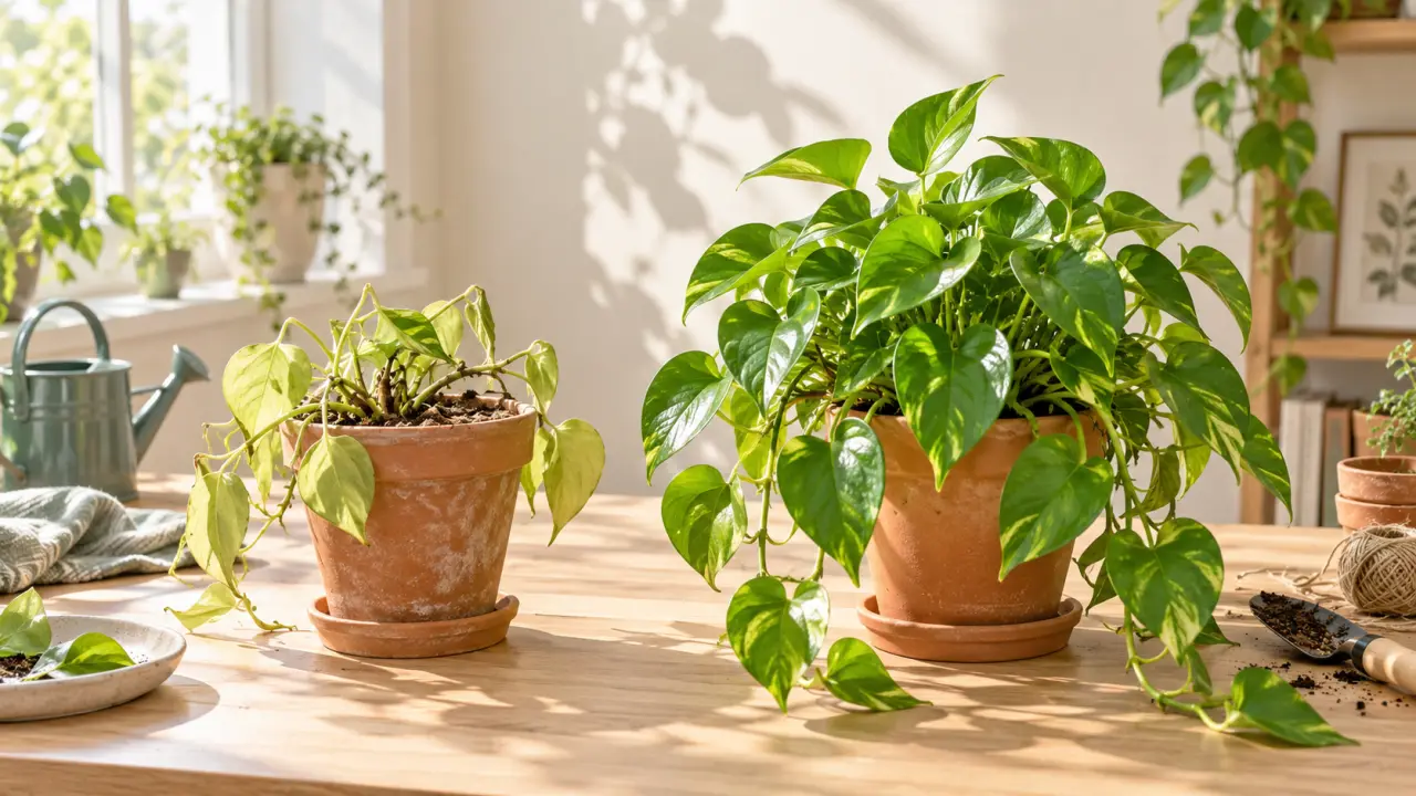 Pothos avant et après trois semaines de soins