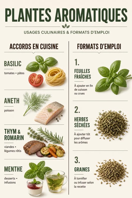Plante aromatique pour cuisine : association des herbes fraîches, sèches et en graines avec les plats du quotidien