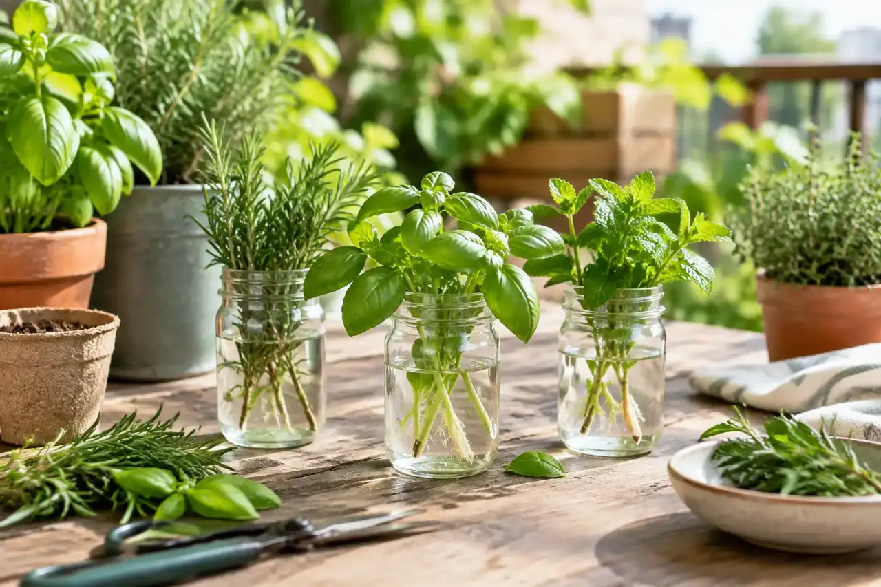 Boutures d'aromates dans des récipients récupérés sur une table de jardin