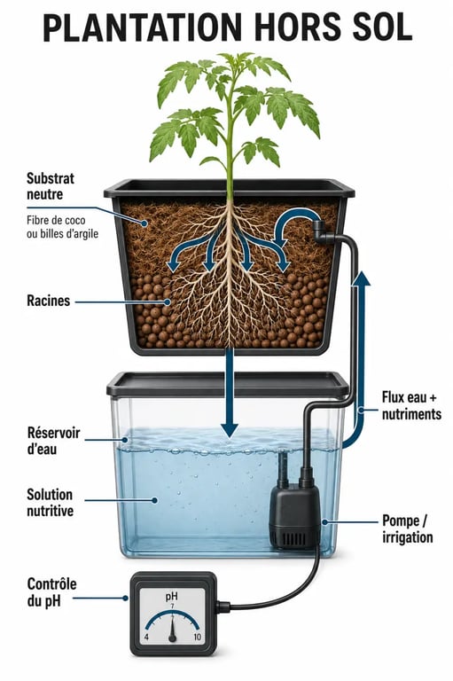 Plantation hors sol : schéma du circuit eau-nutriments-pH-substrat-racines