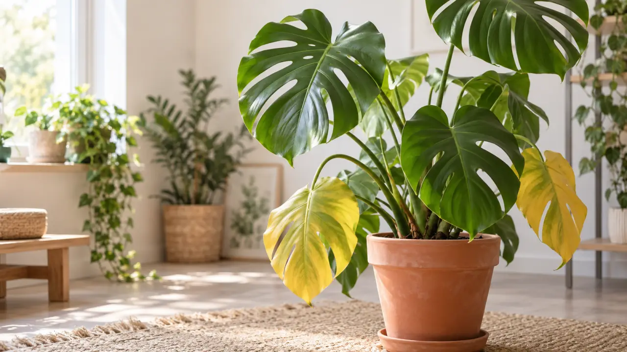 Monstera deliciosa aux grandes feuilles vertes dans un intérieur lumineux