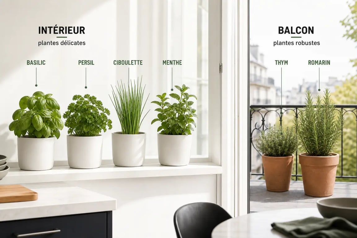 Plante aromatique pour cuisine cultivée en pot sur un rebord de fenêtre et un balcon lumineux