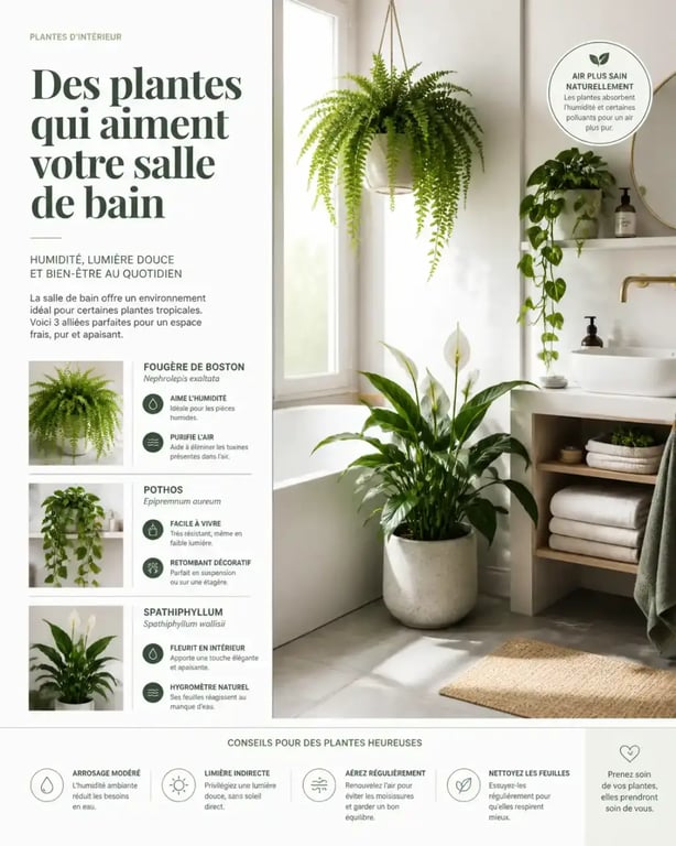 Aménagement de plantes pour salle de bain : Fougère de Boston et Pothos dans un intérieur humide