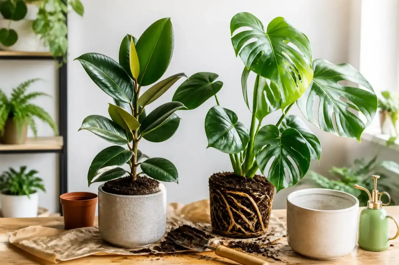 Ficus et monstera dans un intérieur lumineux, avec un pot de rempotage et des outils de jardinage
