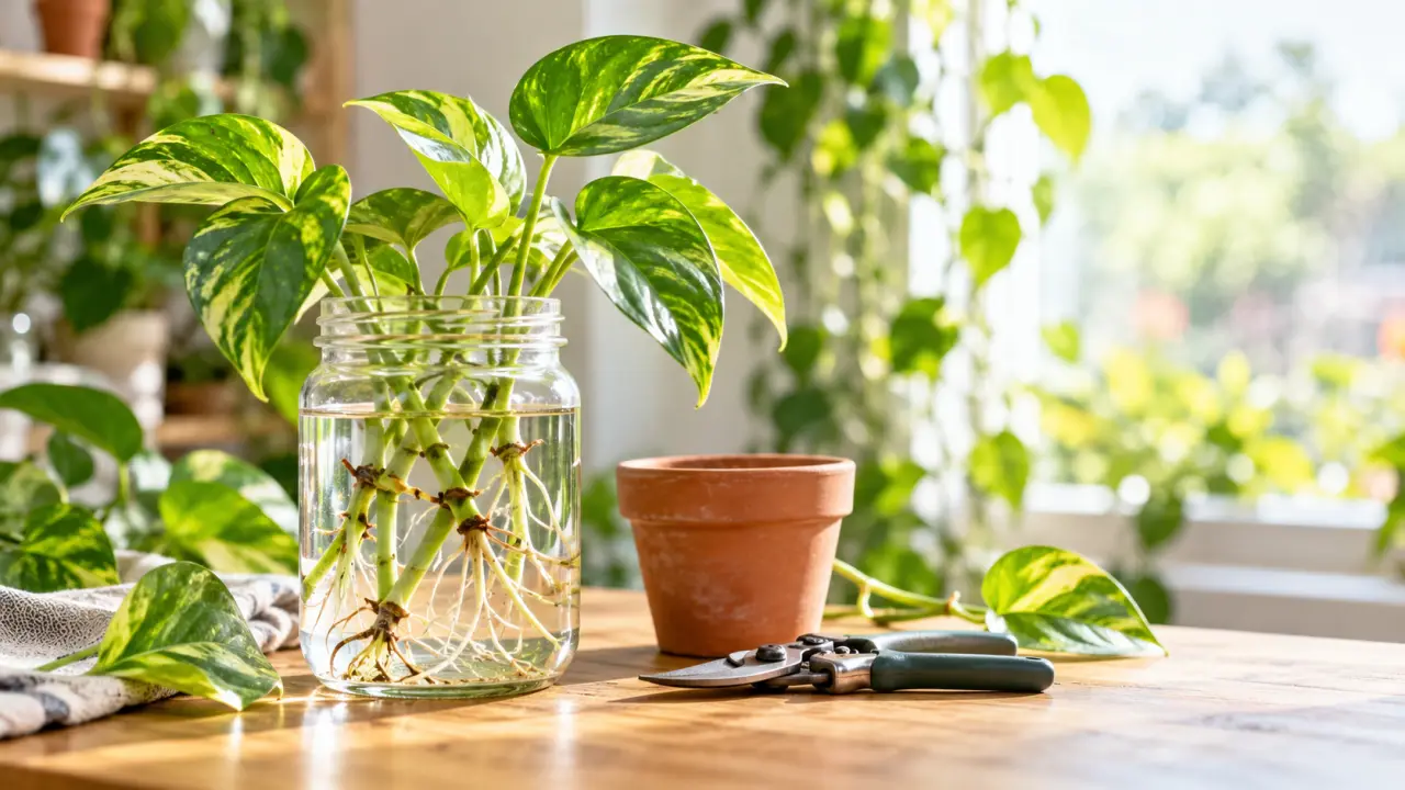 Bouture de pothos dans un petit verre d'eau, près d'une plante mère