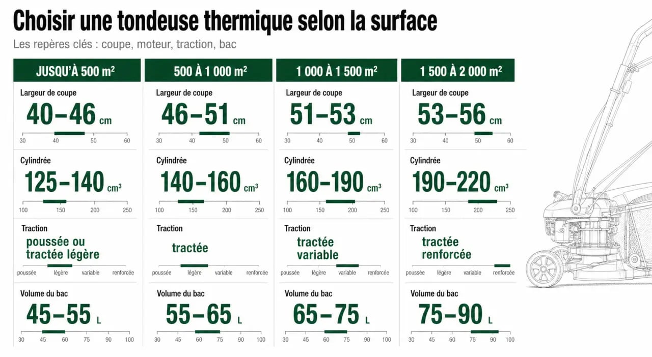 Tondeuses thermiques comparatif : tableau visuel des surfaces, largeurs de coupe, cylindrées et types de traction