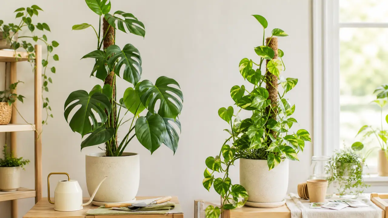 Plantes d'intérieur grimpantes dans une serre lumineuse, entre pots en terre cuite et outils de jardinage