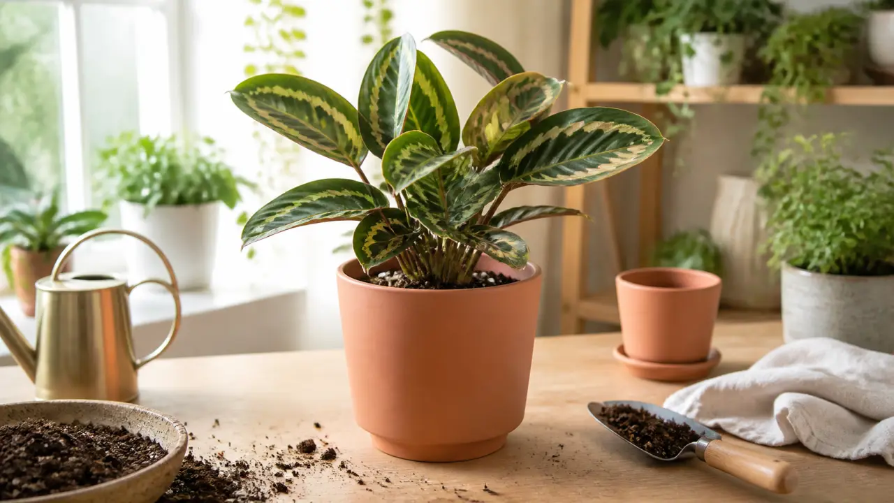 Calathea rempoté avec soin dans un pot clair, sur une table de jardinage lumineuse