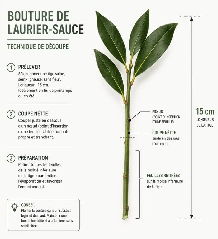 Schéma technique de préparation d'une bouture de laurier-sauce