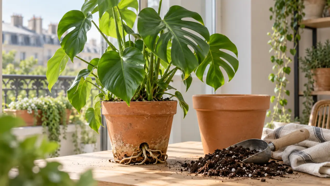 Plante verte en pot dont les racines sortent par les trous de drainage