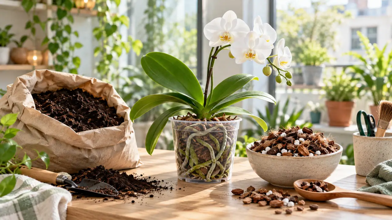 Orchidée fleurie dans un pot transparent avec son substrat aéré