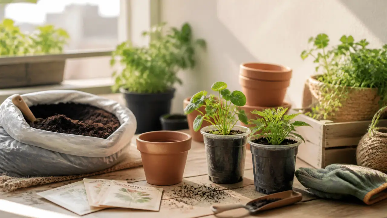 Rempotage délicat d'une plante d'intérieur avec terreau et pot en terre cuite