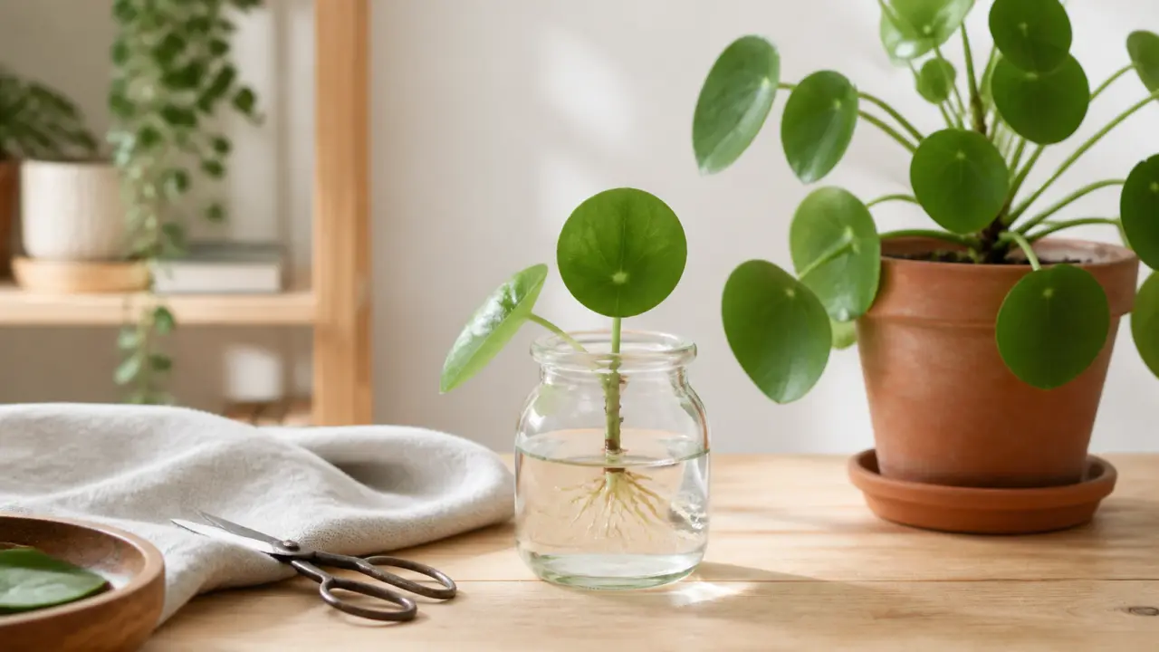 Bouture de pilea placée dans un petit vase d'eau à la lumière naturelle
