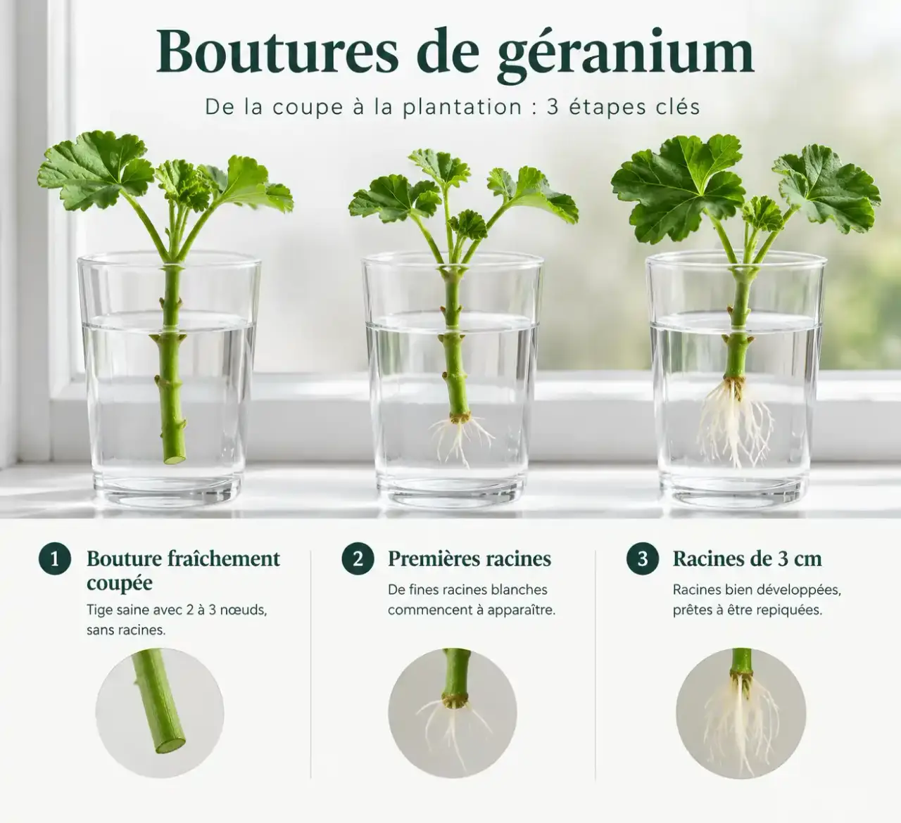 Boutures de géranium dans l'eau à trois stades d'enracinement, de la tige coupée aux racines prêtes à être repiquées