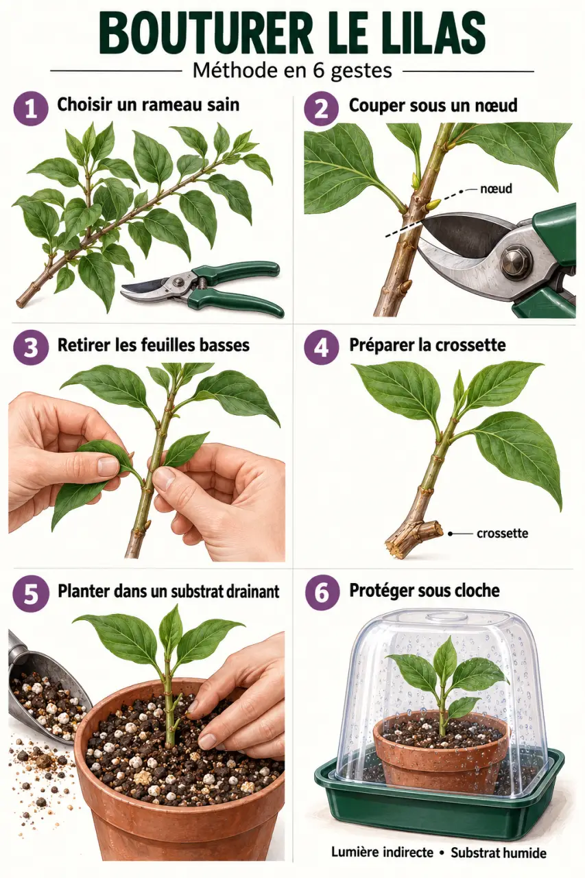 Étapes pour savoir comment faire des boutures de lilas avec coupe sous un nœud et substrat drainant
