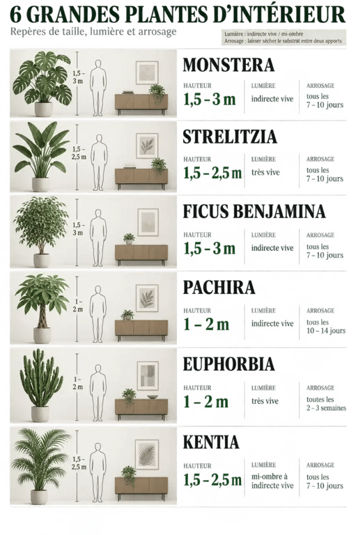 Infographie pour choisir une grande plante interieur selon la hauteur, la lumière et l’arrosage