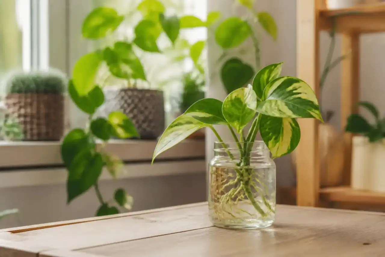 Bouture de pothos dans une serre intérieure lumineuse avec pots en terre cuite et outils de jardinage